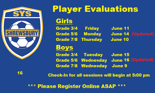 Player Evaluation Dates for Fall 2021 Season Placement
